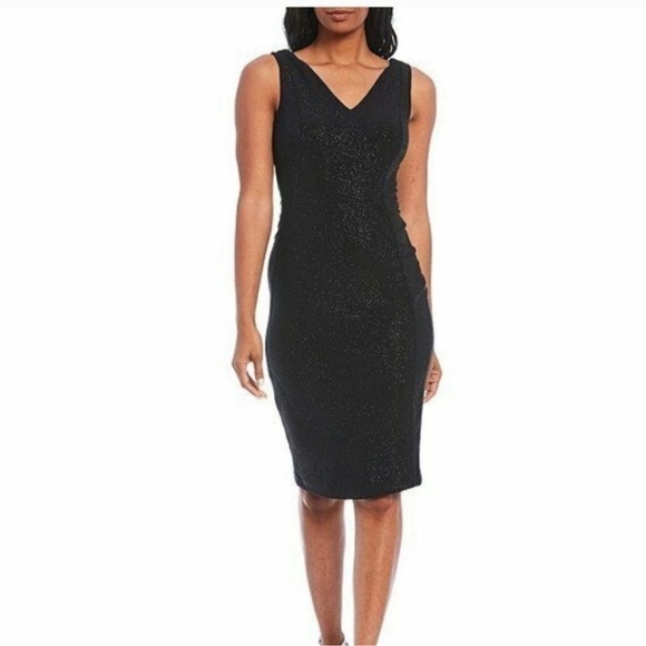 Calvin Klein Glitter Knit Sheath V Neck Black Midi Dress 6 NWT - Picture 1 of 14